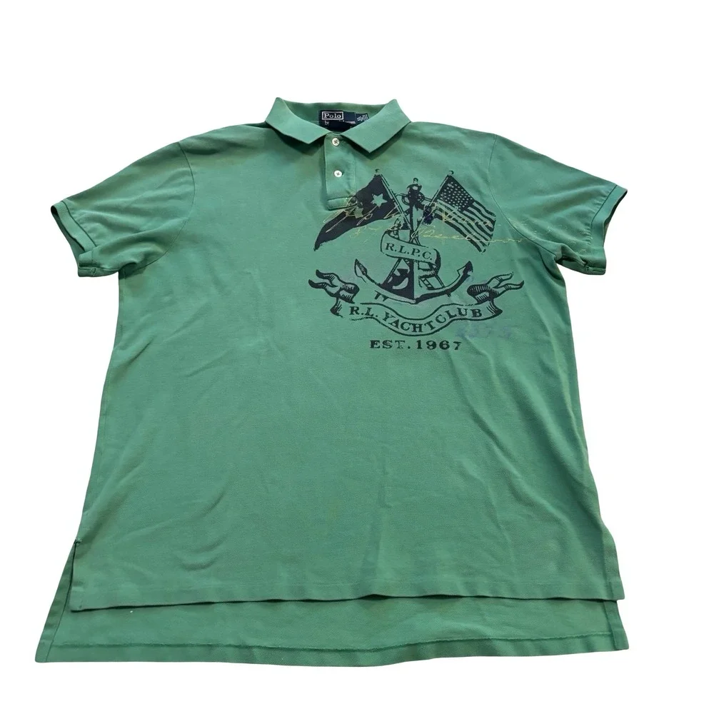 Polo Ralph Lauren Men XL Green Yacht Club Graphic Polo Shirt Custom Fit Cotton